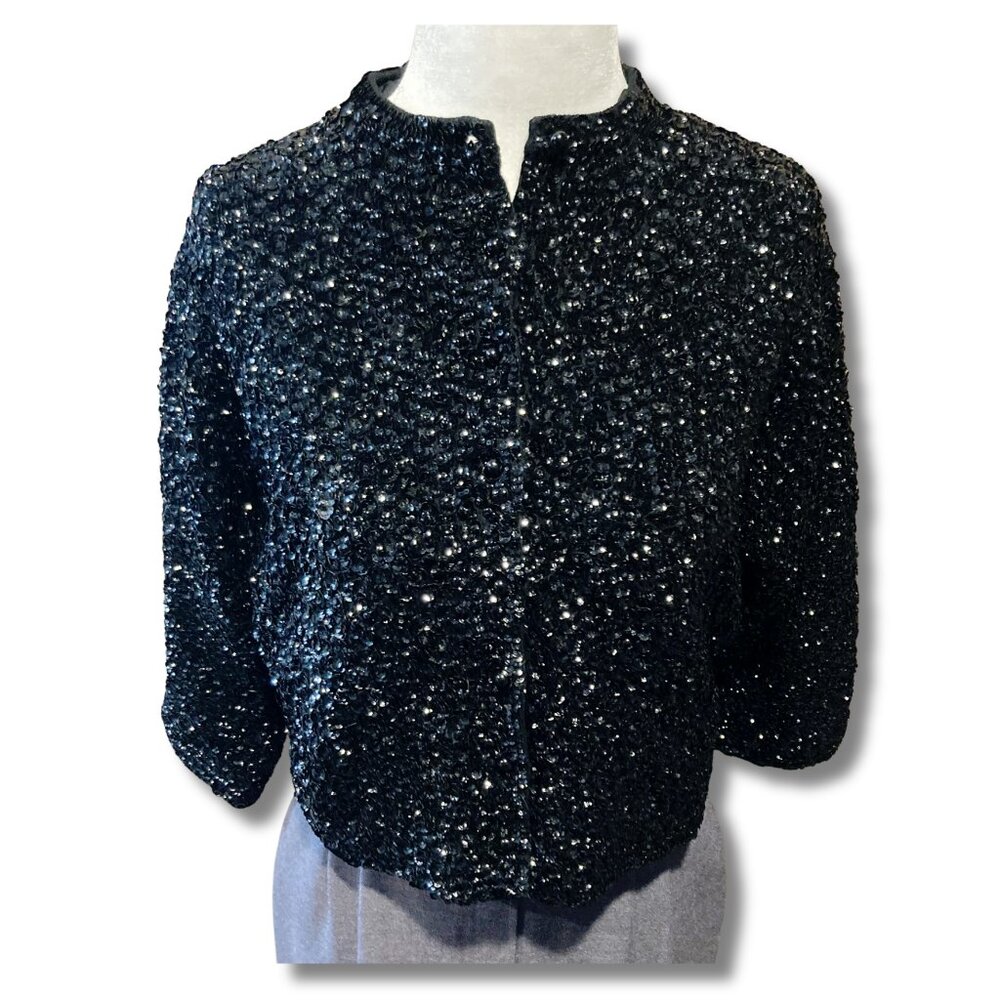 ELSIE TU Vintage black heavily sequined short-waist cardigan 1950s 1960s MEDIUM